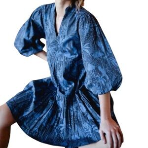 Briton Court Hattie Babydoll Puffed Sleeve Blue Navy Palm Floral Mini Dress Sz M